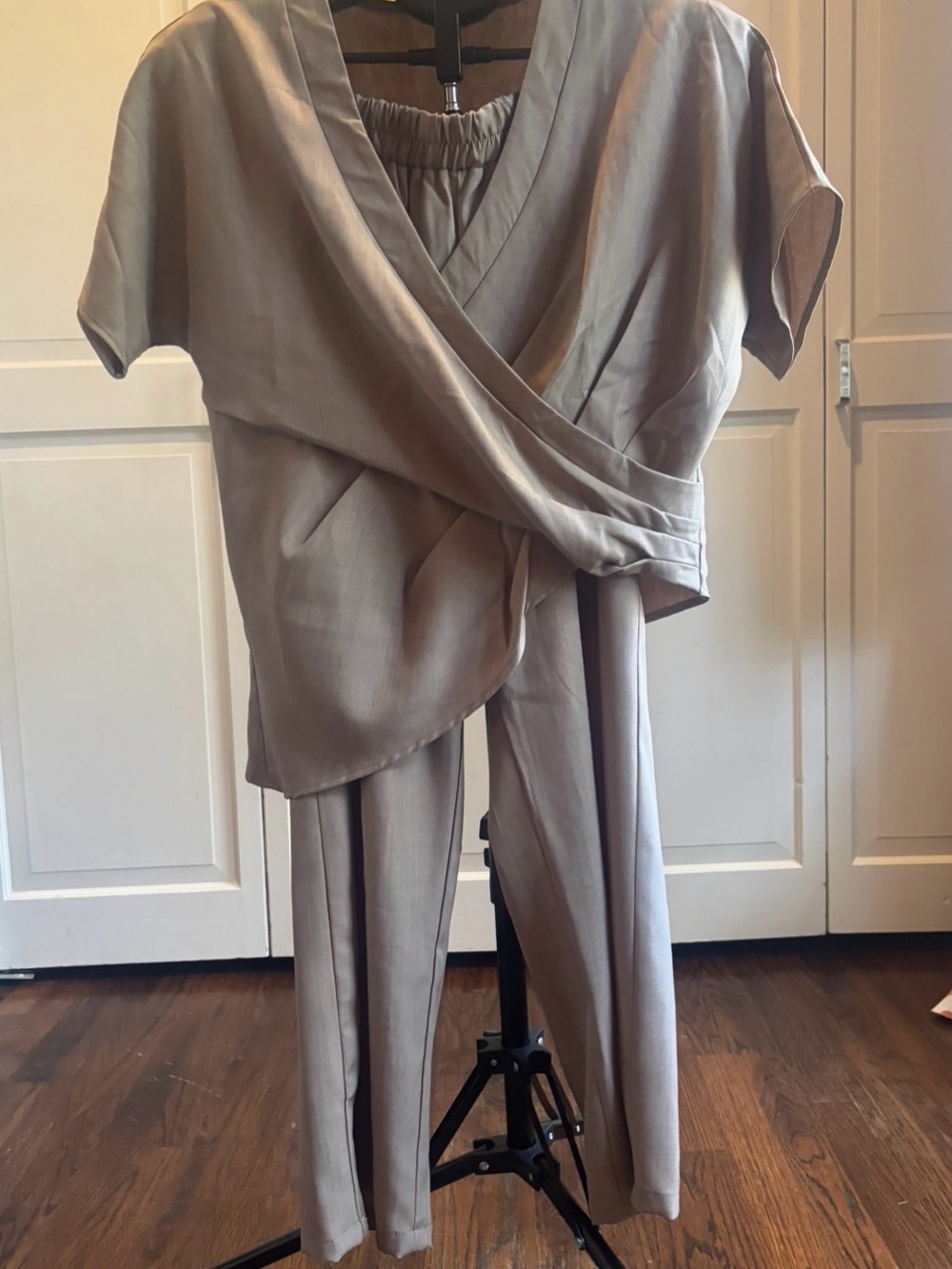 Beige Wrap-Front Pant Travel Set